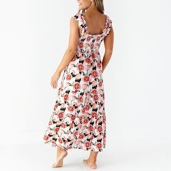 NEW Bums and Roses Mama Maxi Dress L Tiered Smocked Ruffle Floral Natural Bamboo - Picture 2 of 9